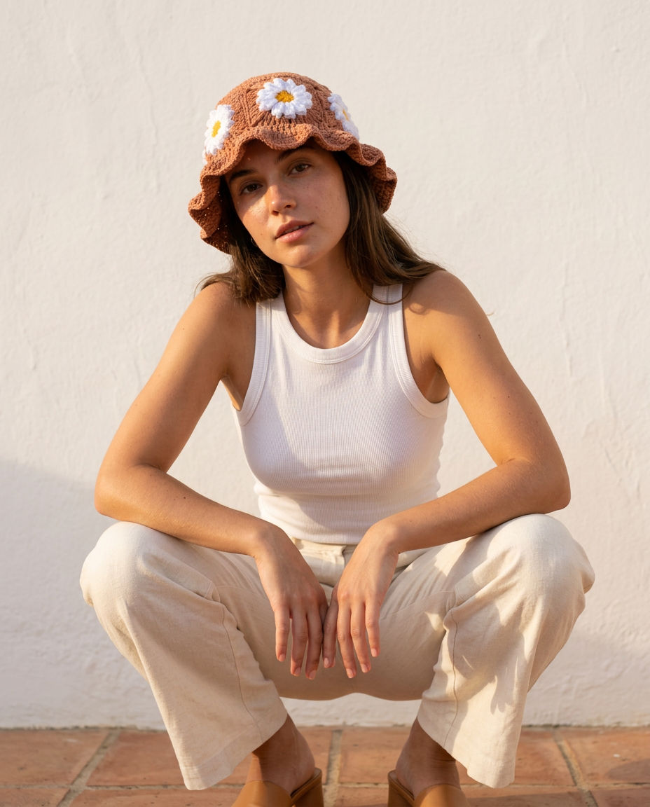 Hush and Stitch Light Brown Daisy Bucket Hat