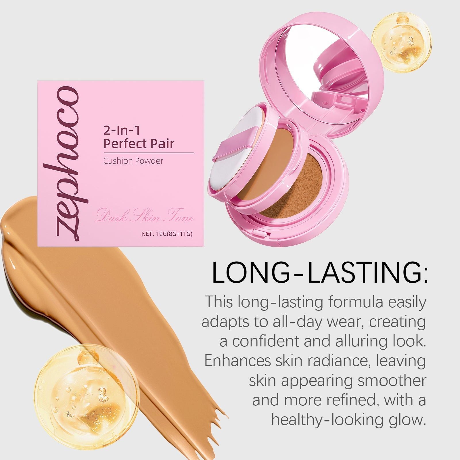 Dark Skin Cushion Powder, Oil Control Face Base Makeup, Hydrating, Long-lasting, Natural Finish ,19g