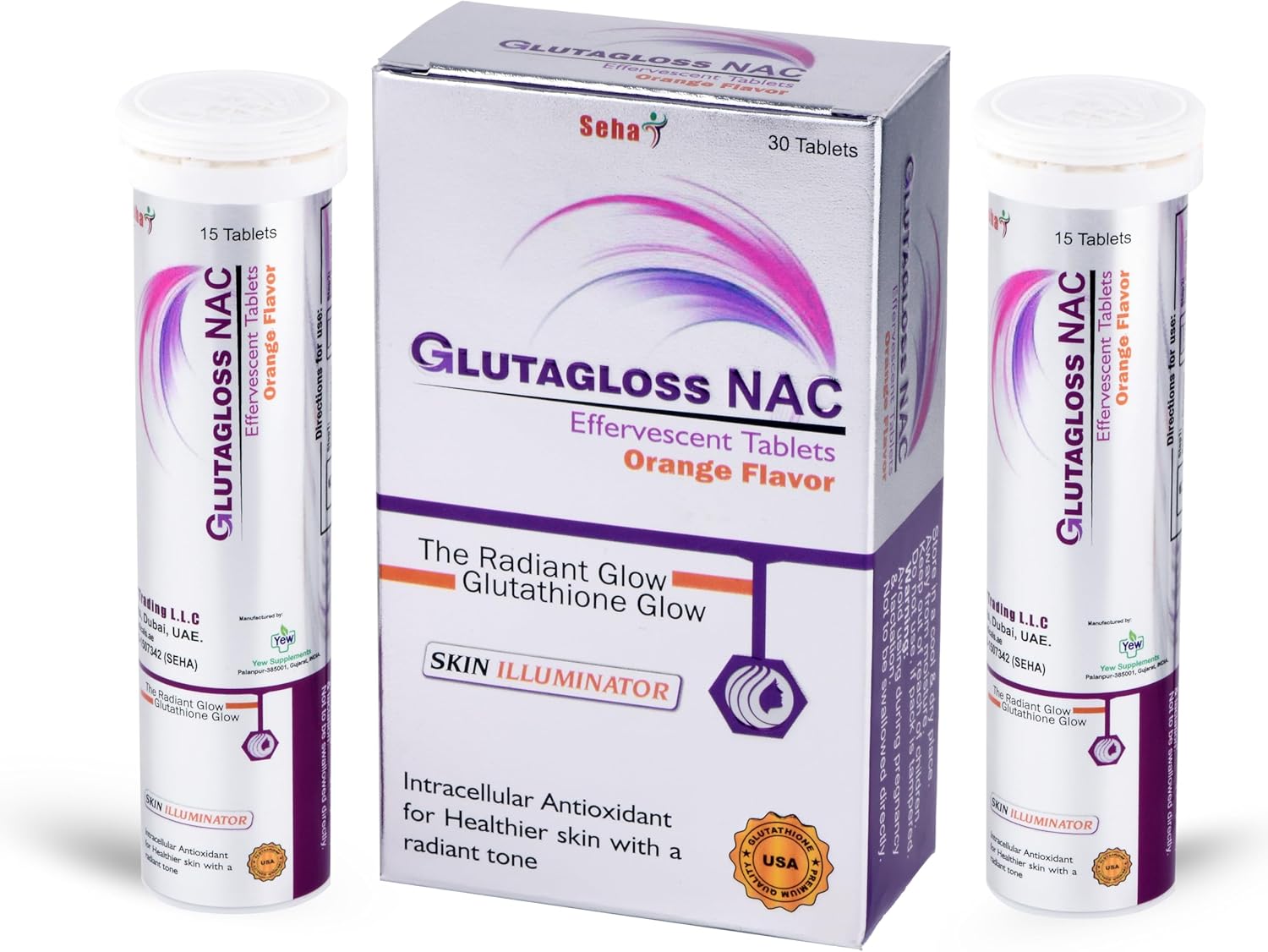 Glutagloss NAC Orange Flavour - Japanese L Glutathione,Vitamin C + NAC - 30 Effervescent Tablets