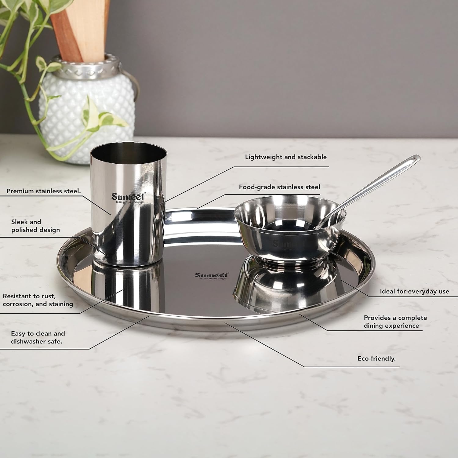 Stainless Steel 24 Pc Dinner Set Plates Bowls Glasses Spoons