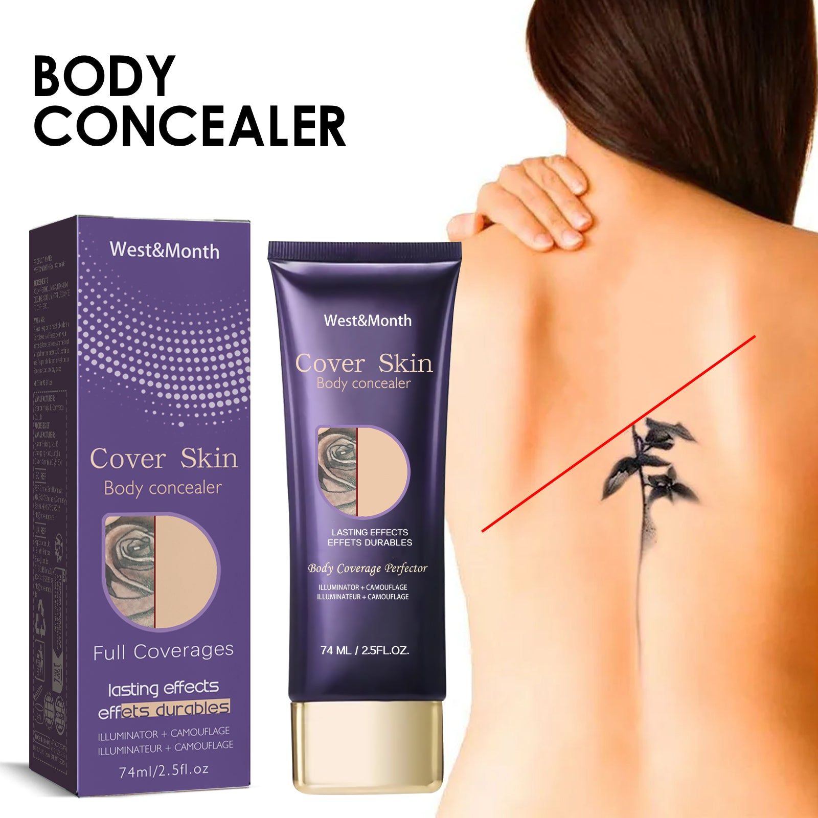 Body Concealer, Waterproof Tattoo Cover, Lighten Skin Tone, Invisible Blemish Concealer ,74ml