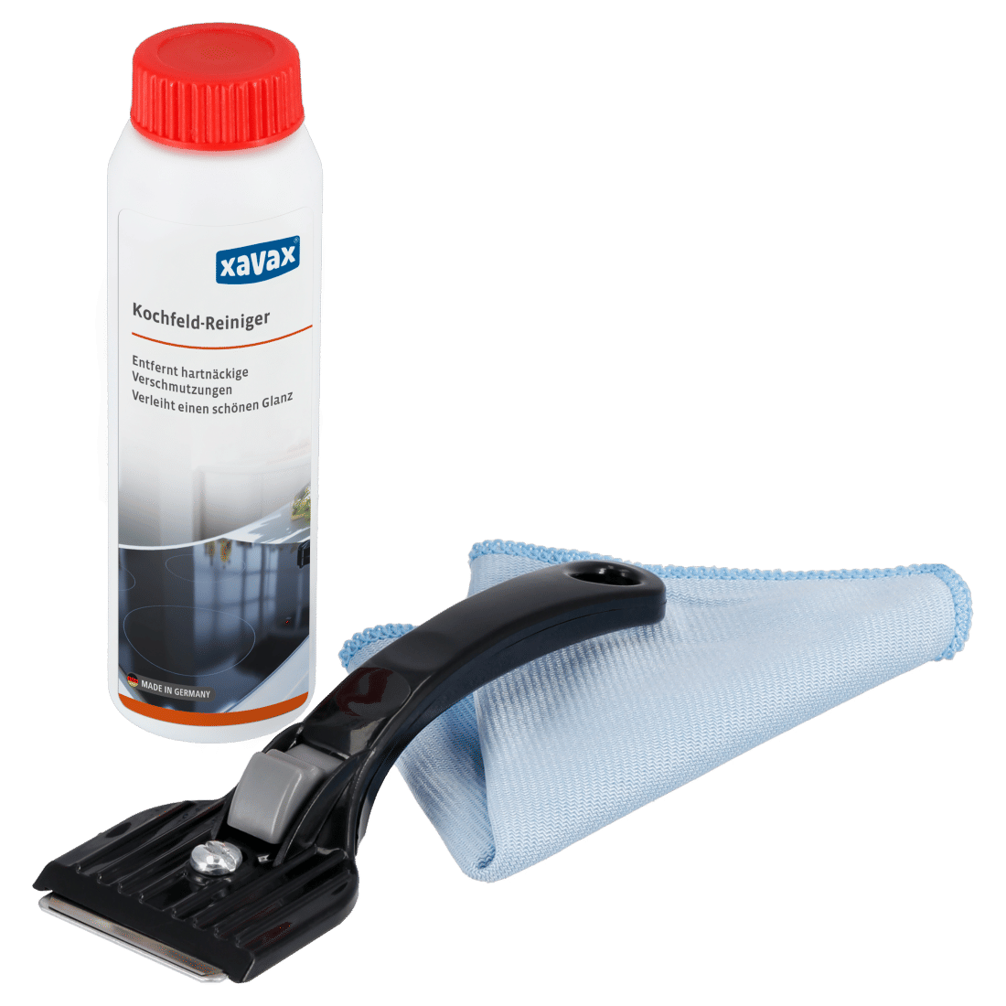 XAVAX 111752 Hob Cleaning Kit, 3-Part, Cleaner, Scraper, Microfibre Cloth