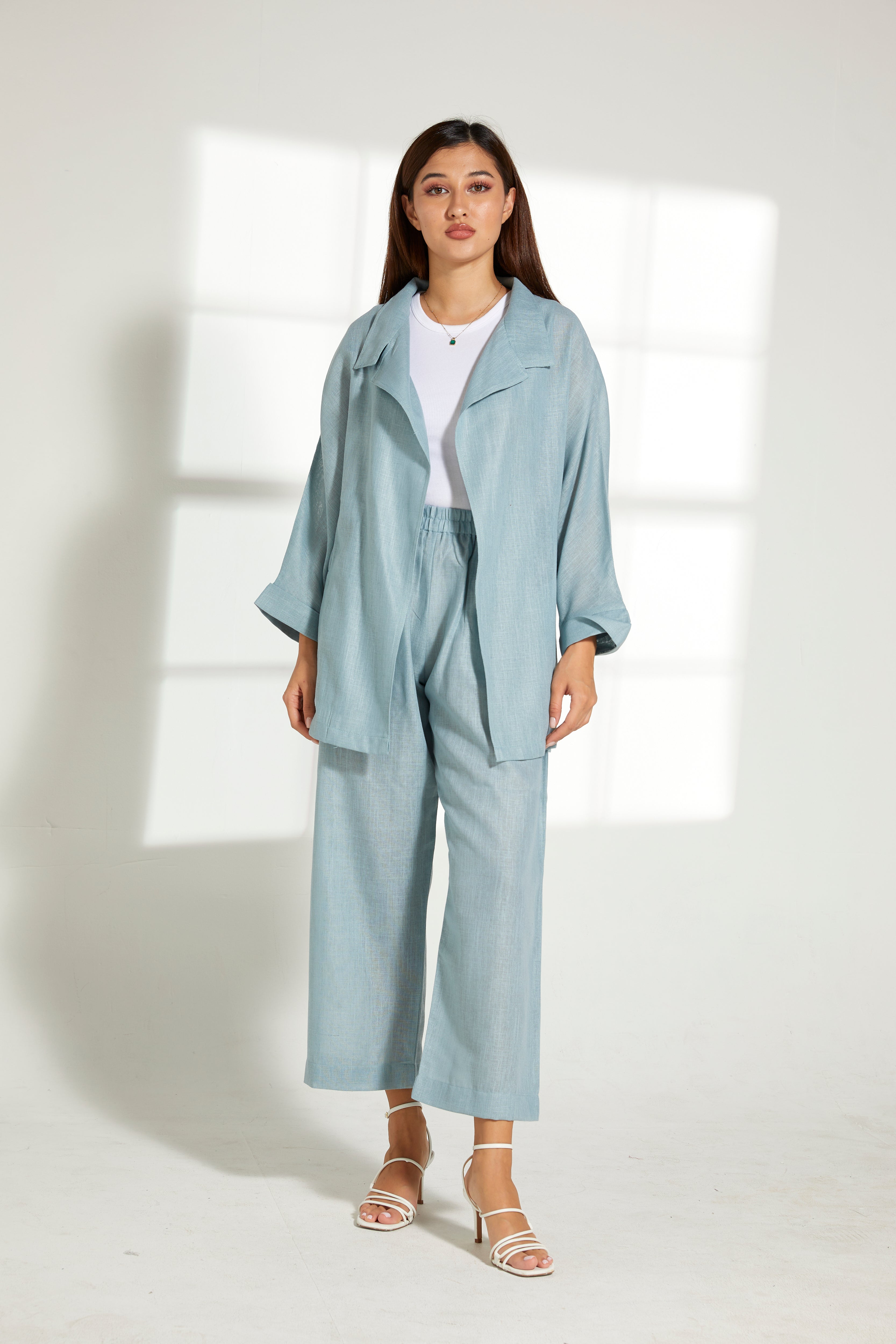 MOiSTREET Turquoise Linen Fabric Top and Pants Set
