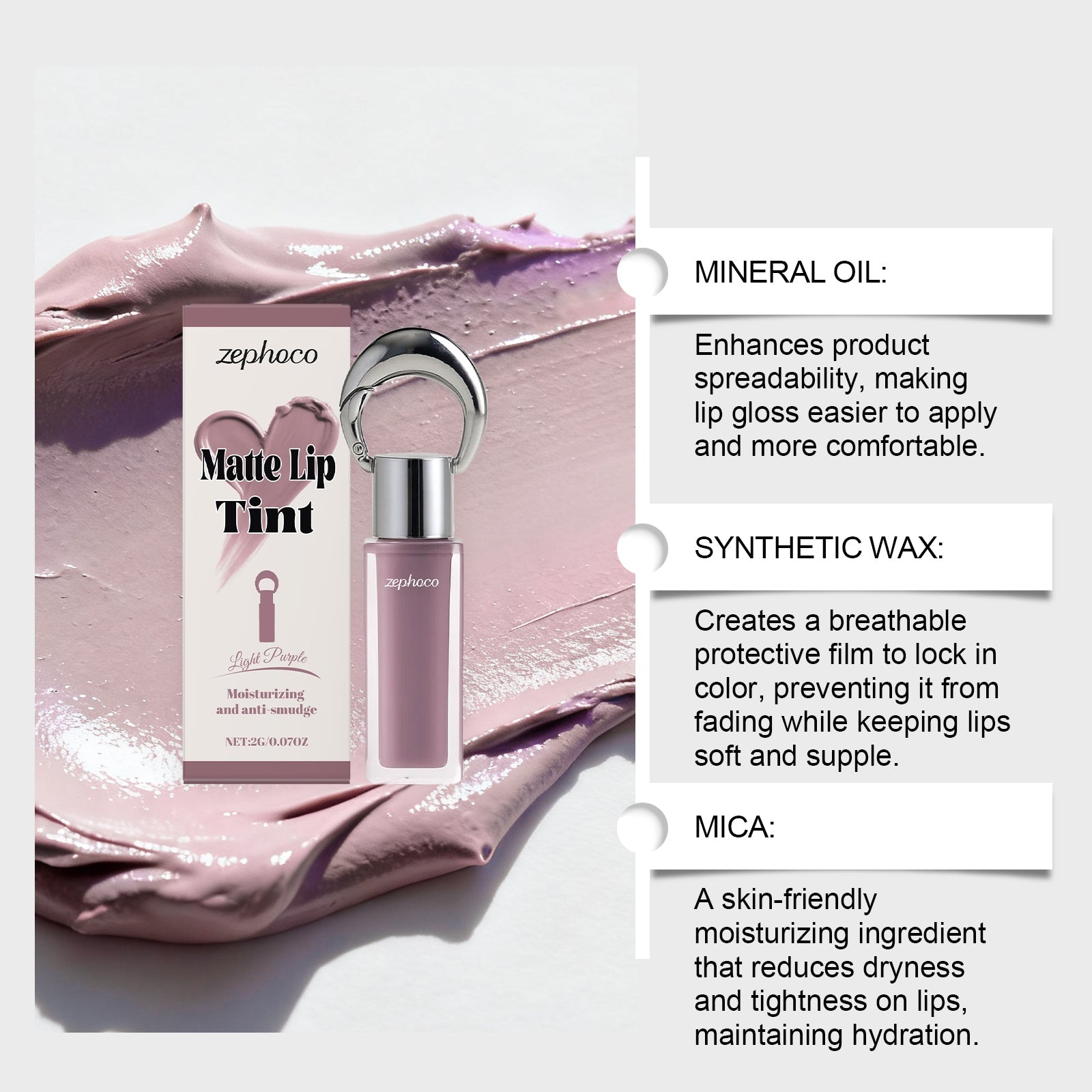 Light Purple Matte Lip Gloss, Long-Lasting Lip Makeup, Hydrating, Waterproof ,2g