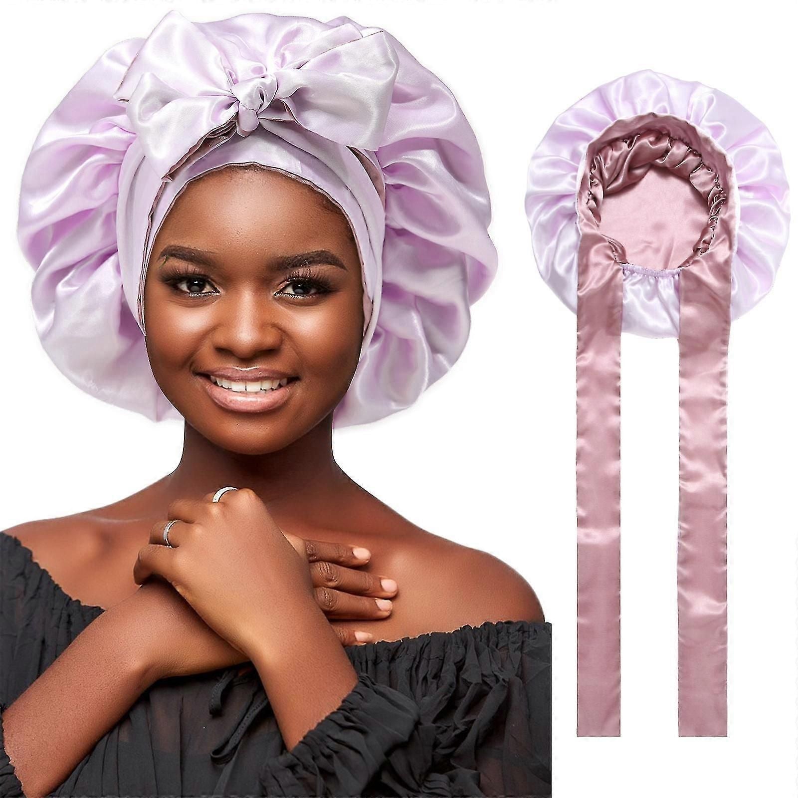 Double Layer Satin Bonnet Hair Wrap With Tie Band Night Cap For Women