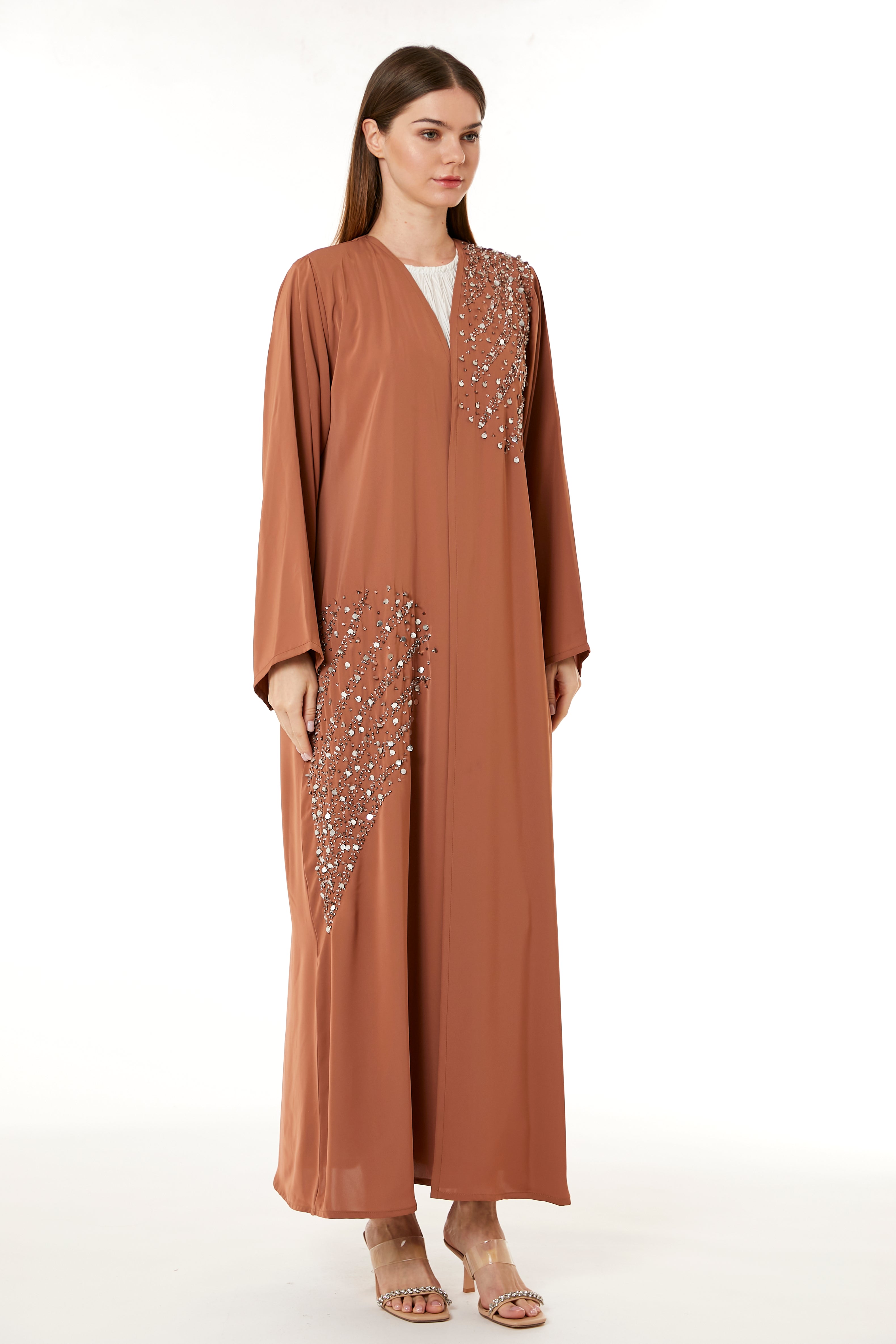 MOiSTREET Orange Korean Nida Hand Embellished Abaya