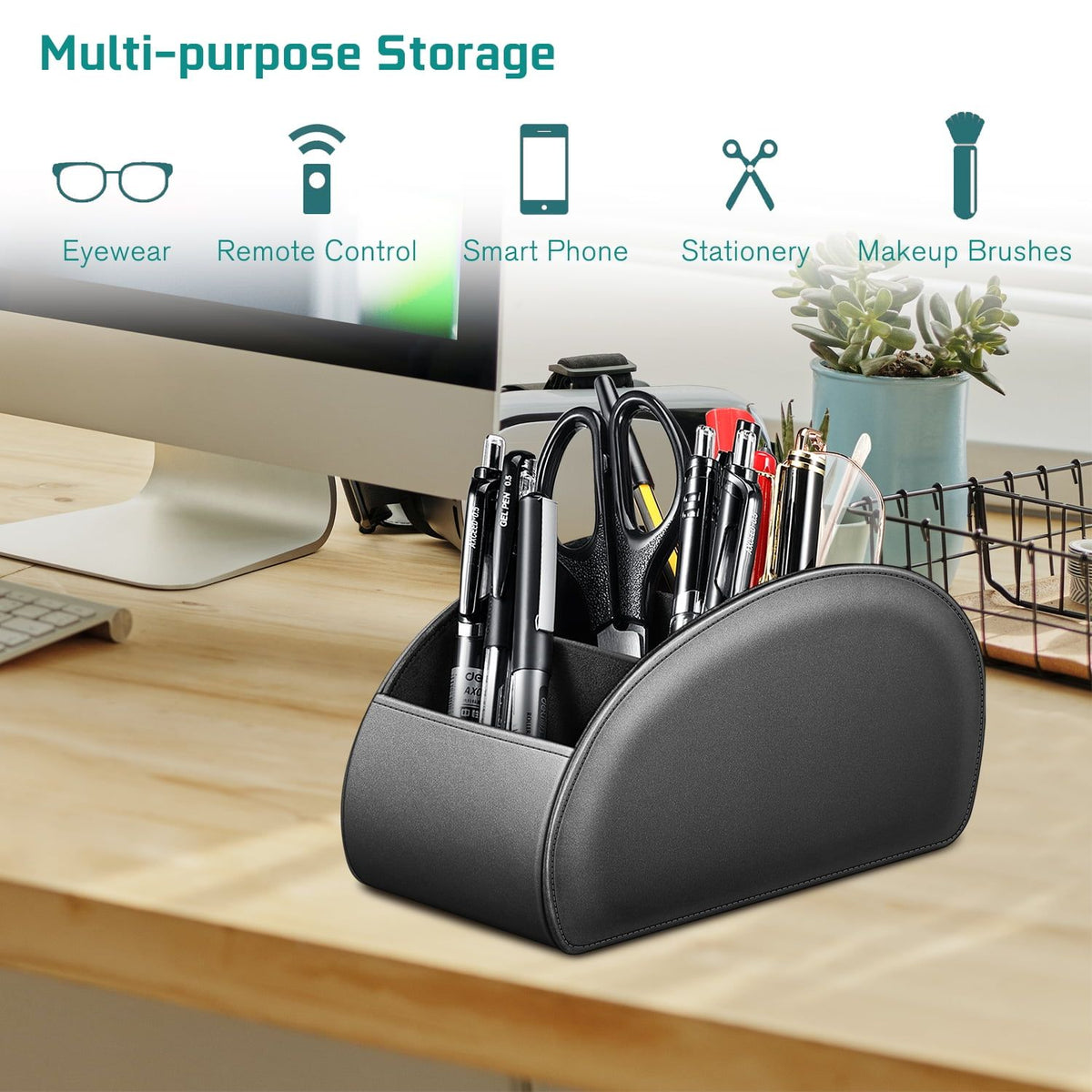 TV Remote Control Holder Desktop Organizer PU Leather Storage Caddy