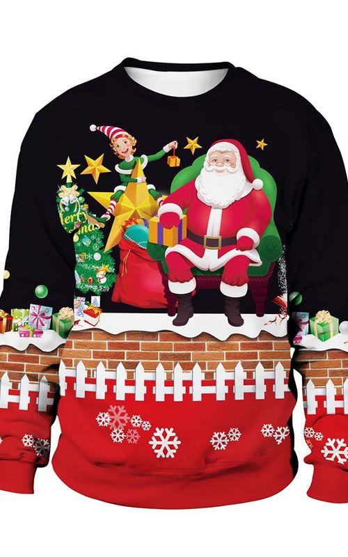 Christmas Sweater Winter Autumn Crew Neck Tops Sweatshirt With Reindeer Santa Printed