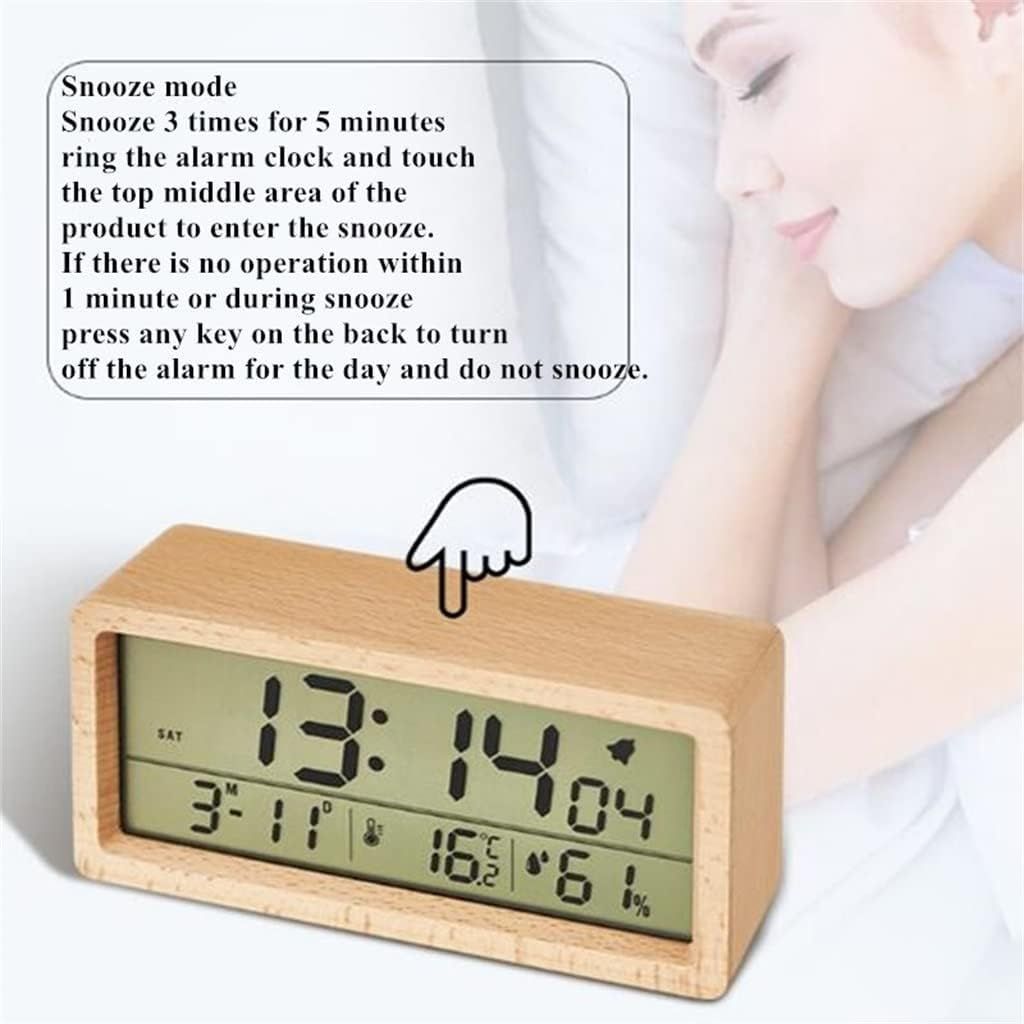 Wood Alarm Clock Humidity Temperature Portable Snooze Bedside Kids Room Table Clocks