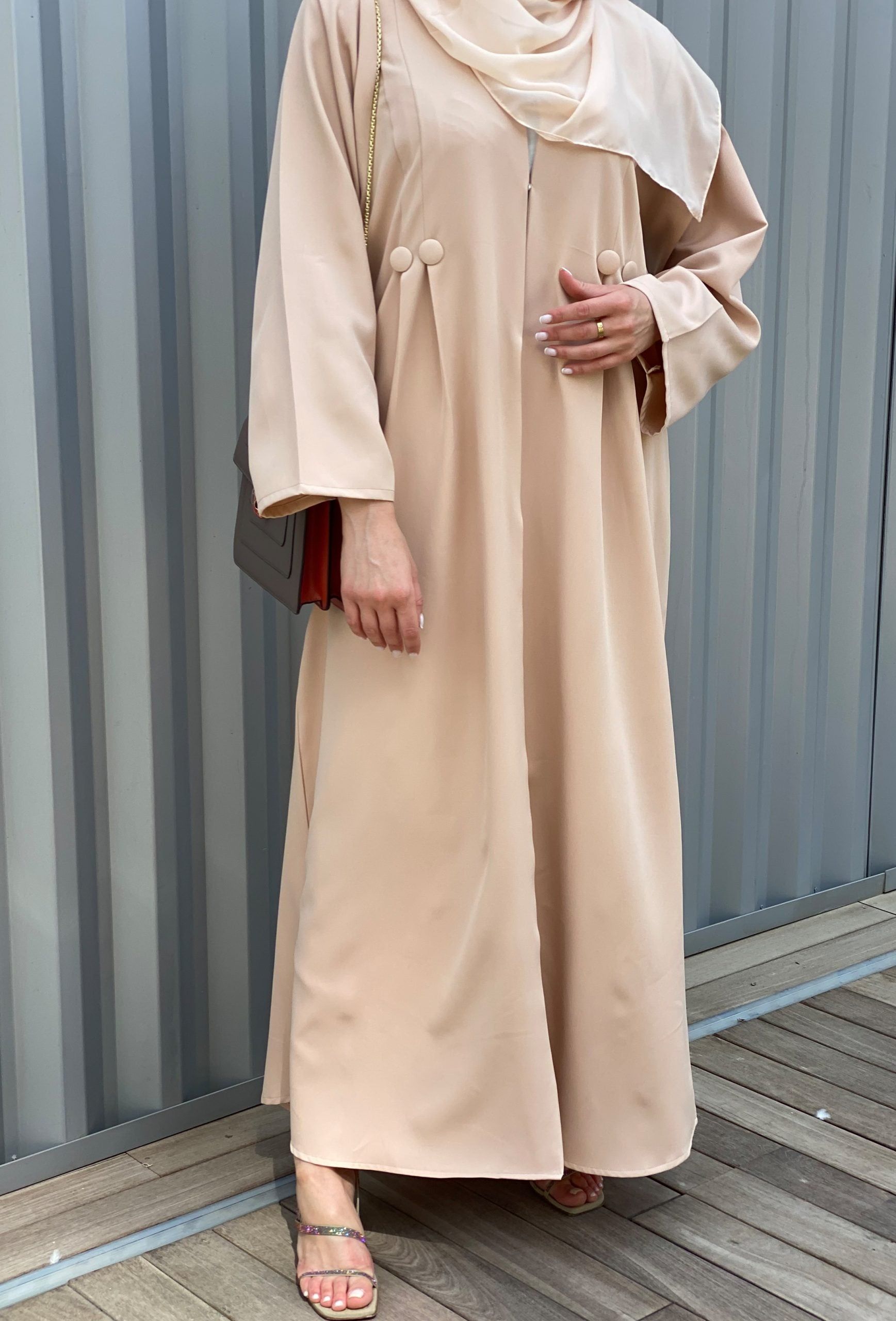MOiSTREET Barbie Crepe Tan Abaya Set with Buttons Detailing along with  Under Dress and Sheila
