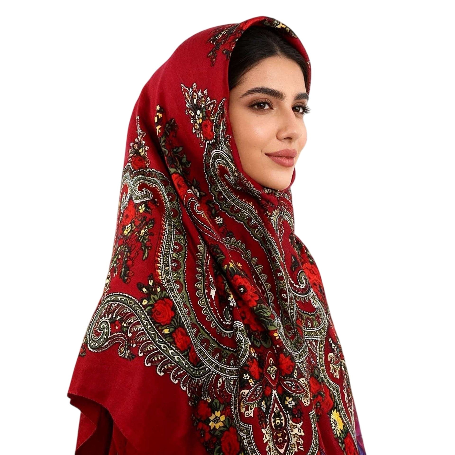 Red Floral Paisley Square Hijab Scarf for Women 110cm