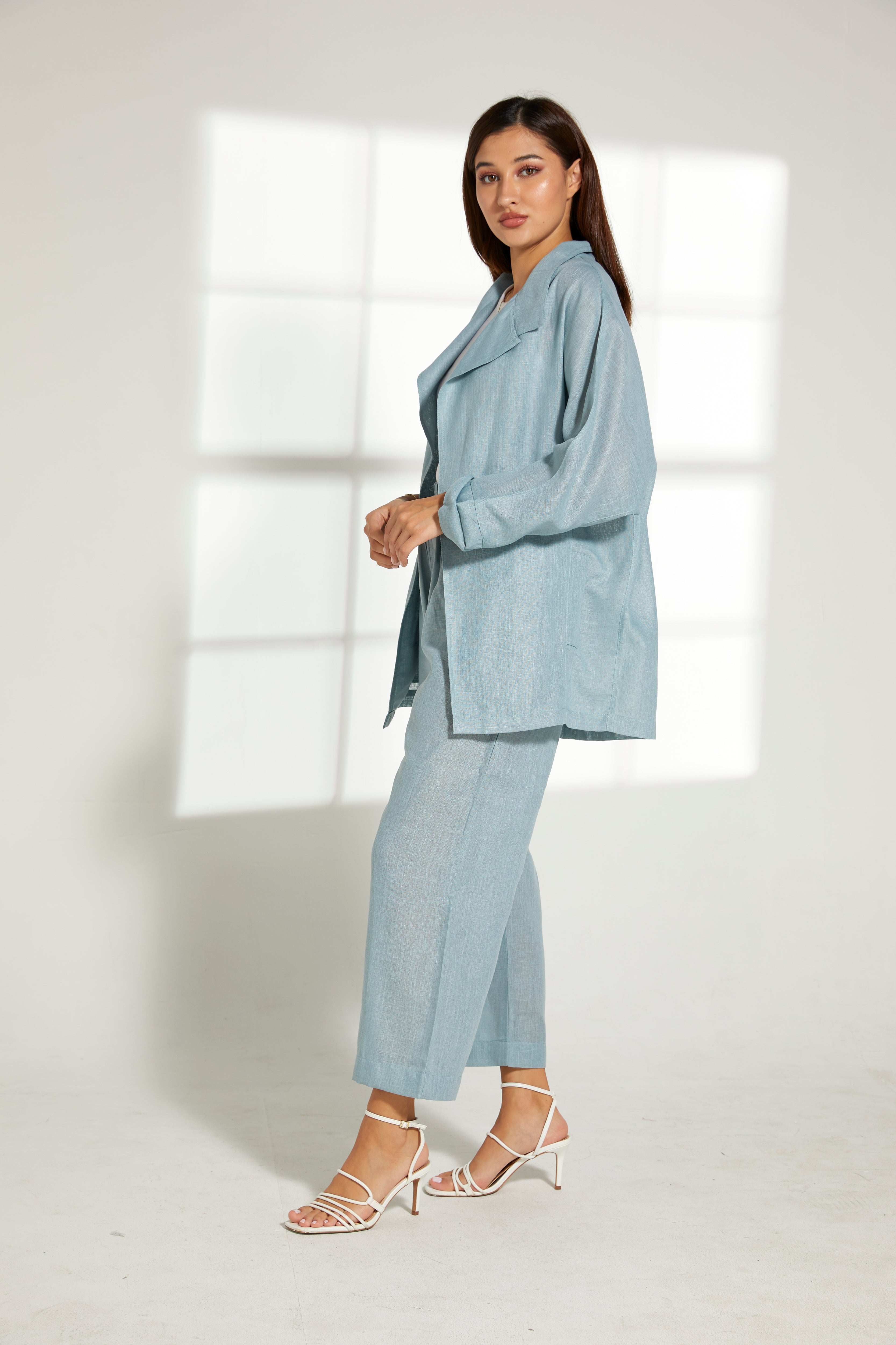 MOiSTREET Turquoise Linen Fabric Top and Pants Set