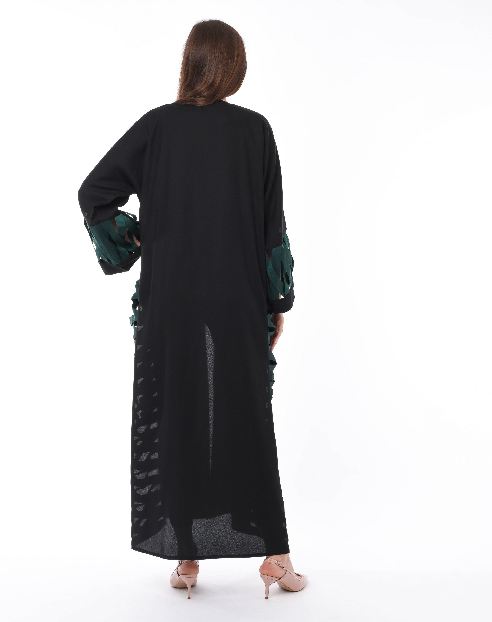 MOiSTREET Black Abaya with Green Criss Cross Detailing