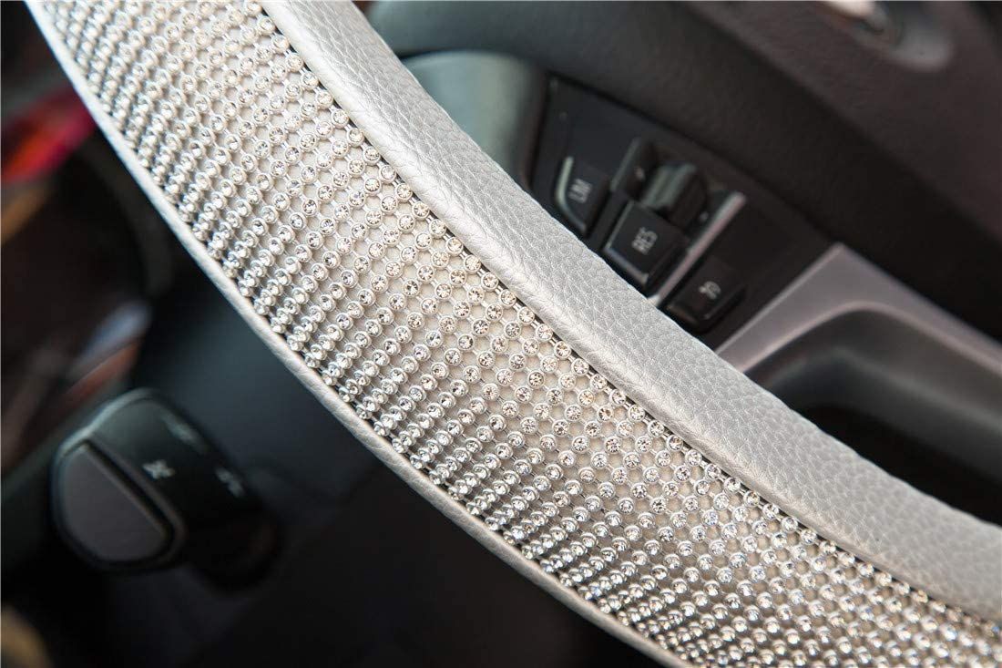 PU Leather Steering Wheel Cover Protector with Bling Crystal Rhinestones for 15 Inch