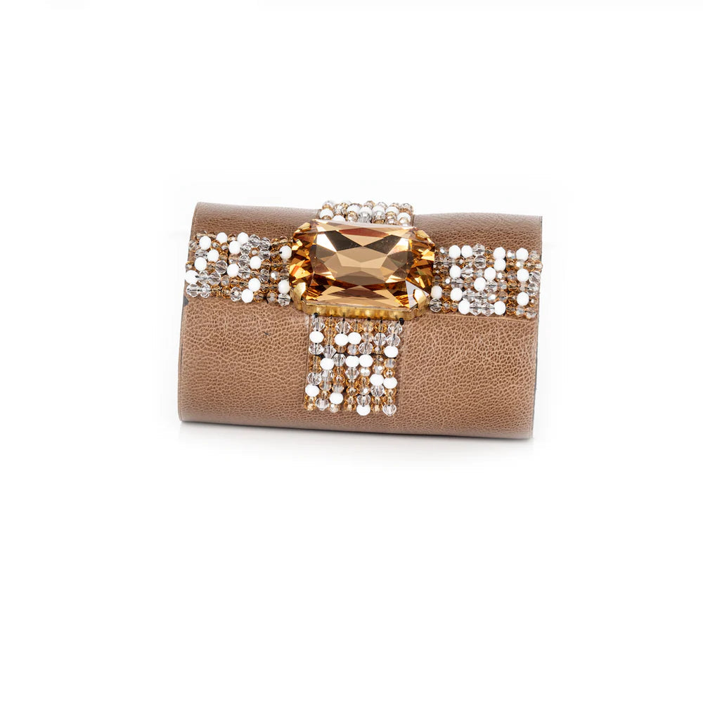 The Dark Champagne Grid Cuff Taupe Leather Crystal Statement Bracelet