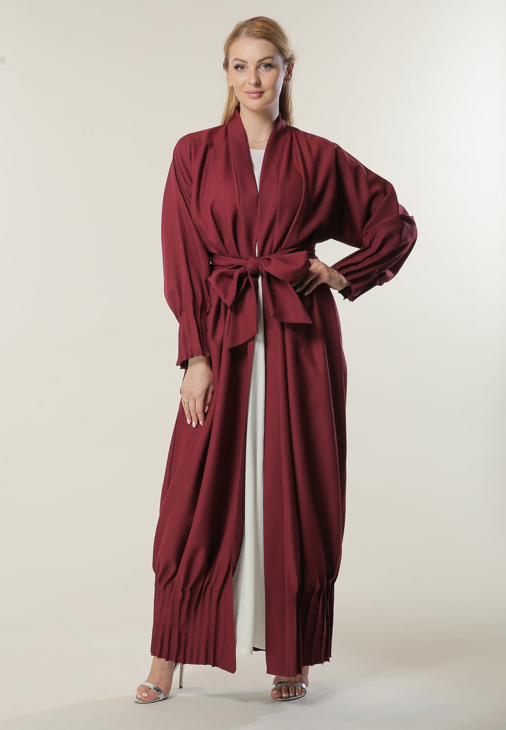MOiSTREET Maroon Abaya with Pleated hem and sleeves