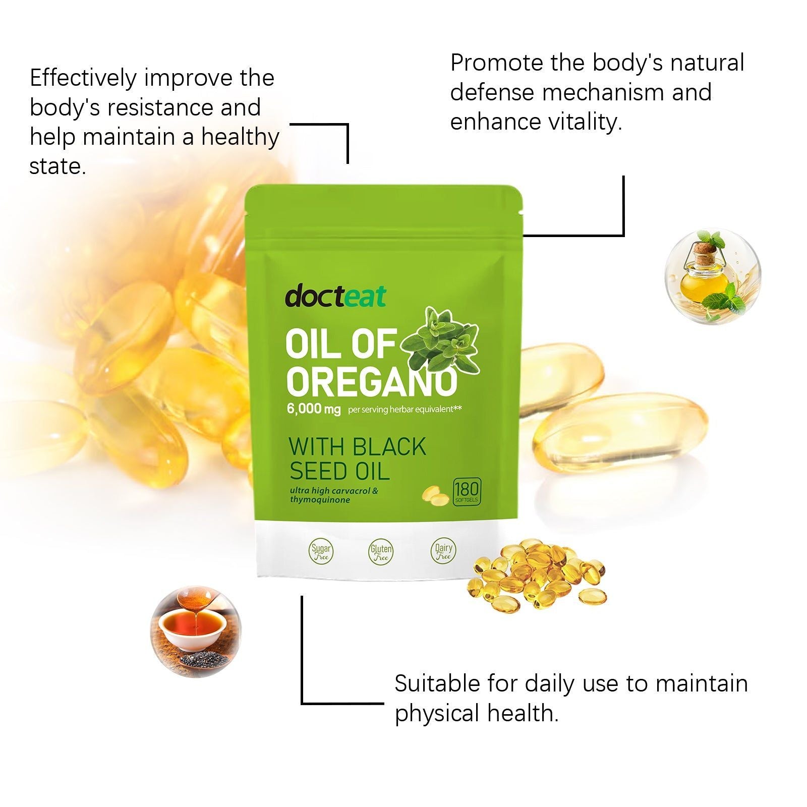 Boost Your Body Care with Oregano Oil Capsules, Natural Vitality & Immune Support ,180softgels