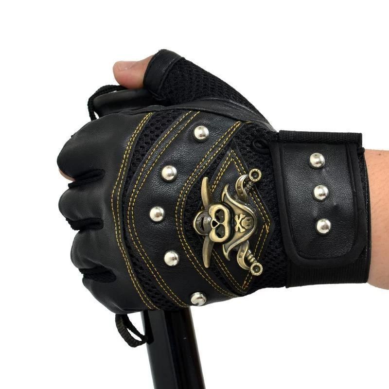Men Motorcycle Riding Gloves Steampunk Gothic Gloves Vintage Fingerless Mittens