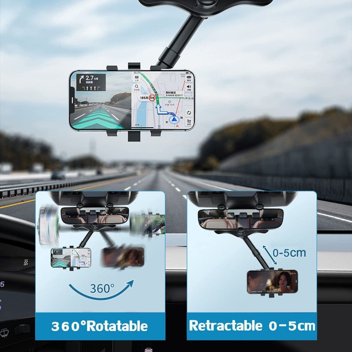 Car Phone Mount Rearview Mirror Cell Phone Stand 360 Degree Rotation Holder