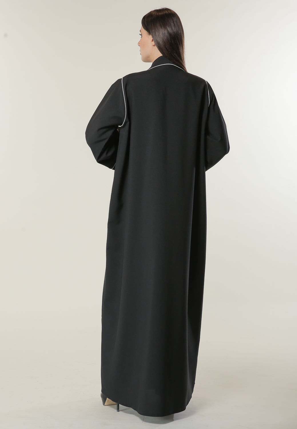 MOiSTREET Black Abaya with white Pipin and Buttons detailing