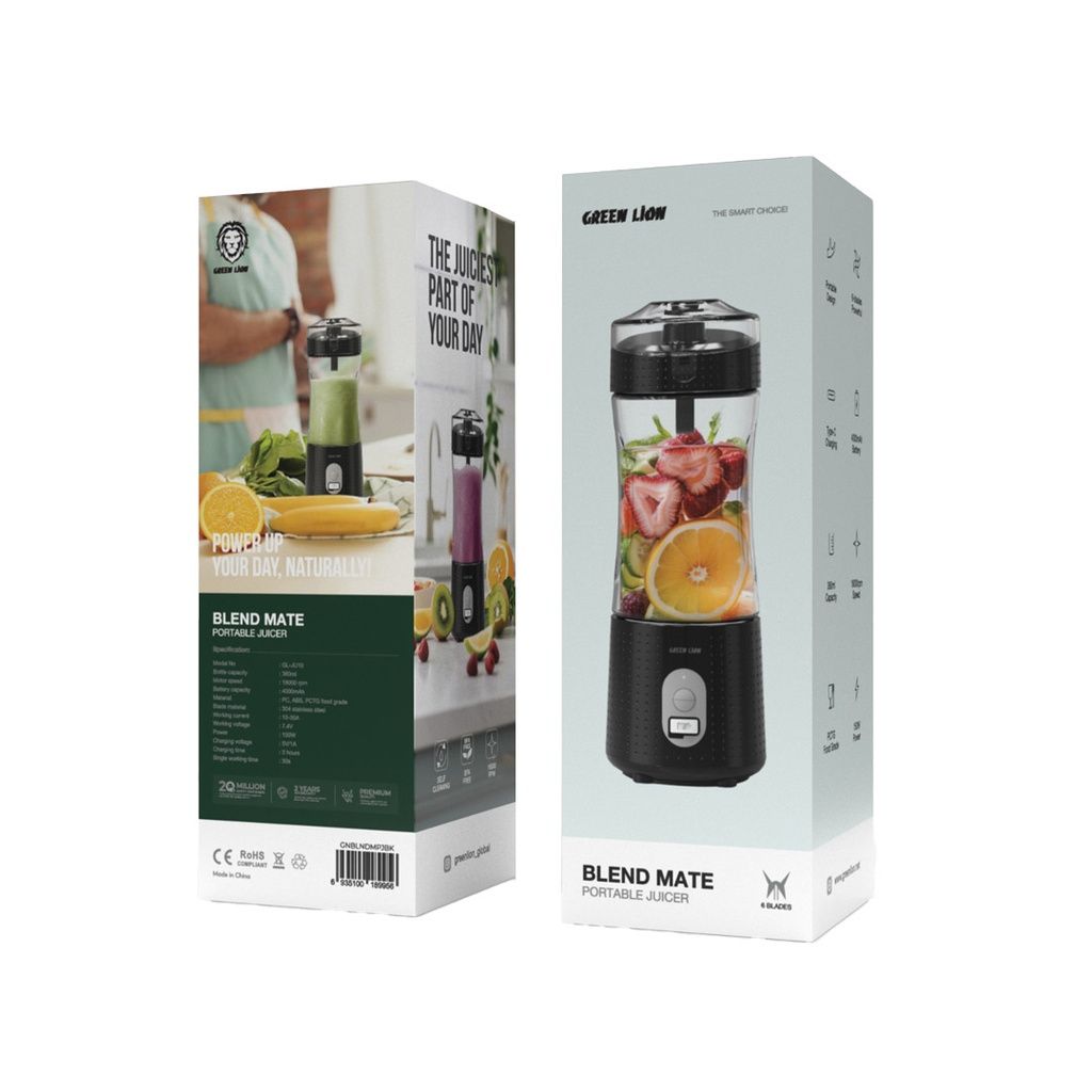 Green Lion Blend Mate Portable Juicer 380mL 150W, Rechargeable Personal Blender with Type-C Charging, Black