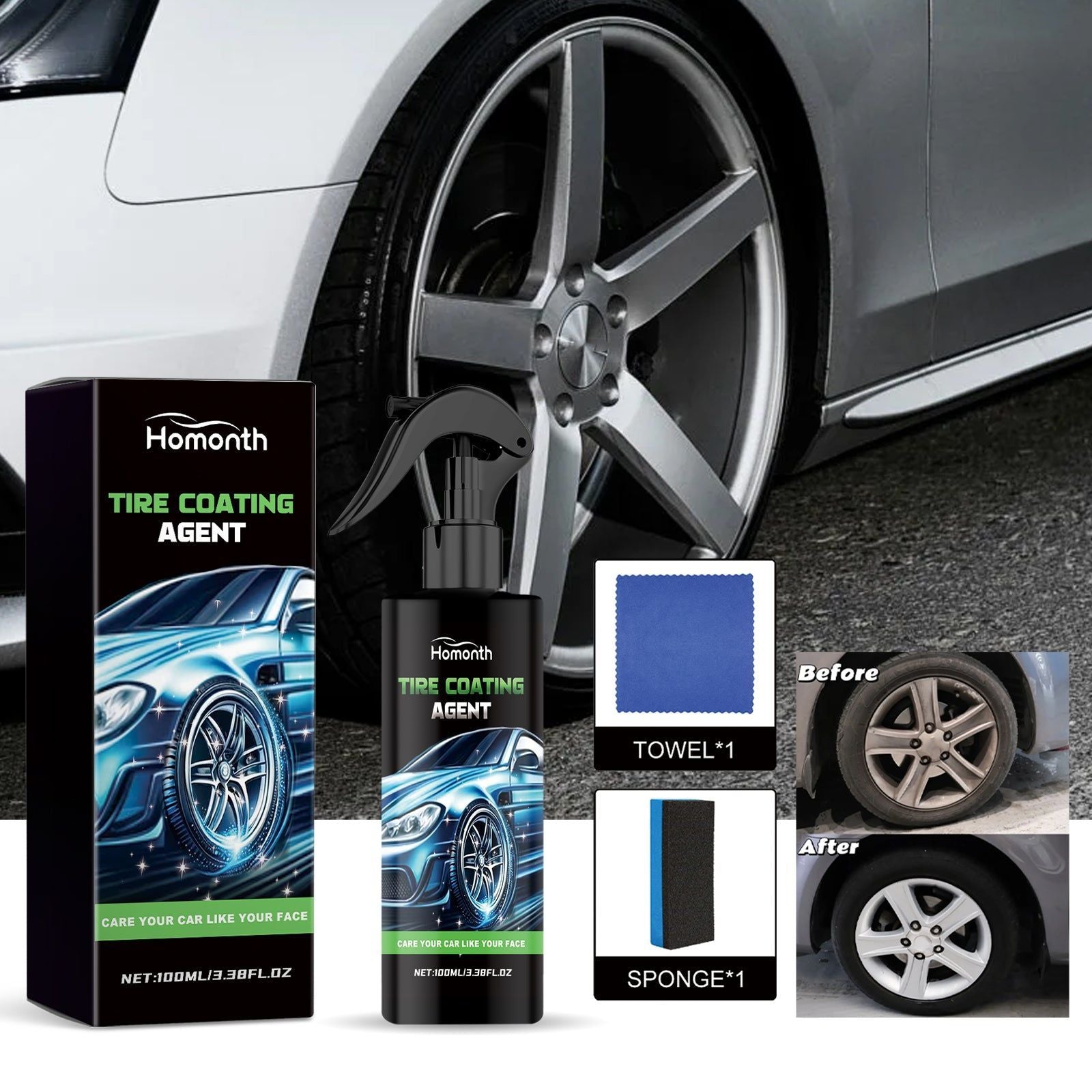 Car Tire Polishing and Cleaning Agent, Auto Tire Shine, Rust Removal, Decontamination, Anti-Aging, Easy to Use ,1set