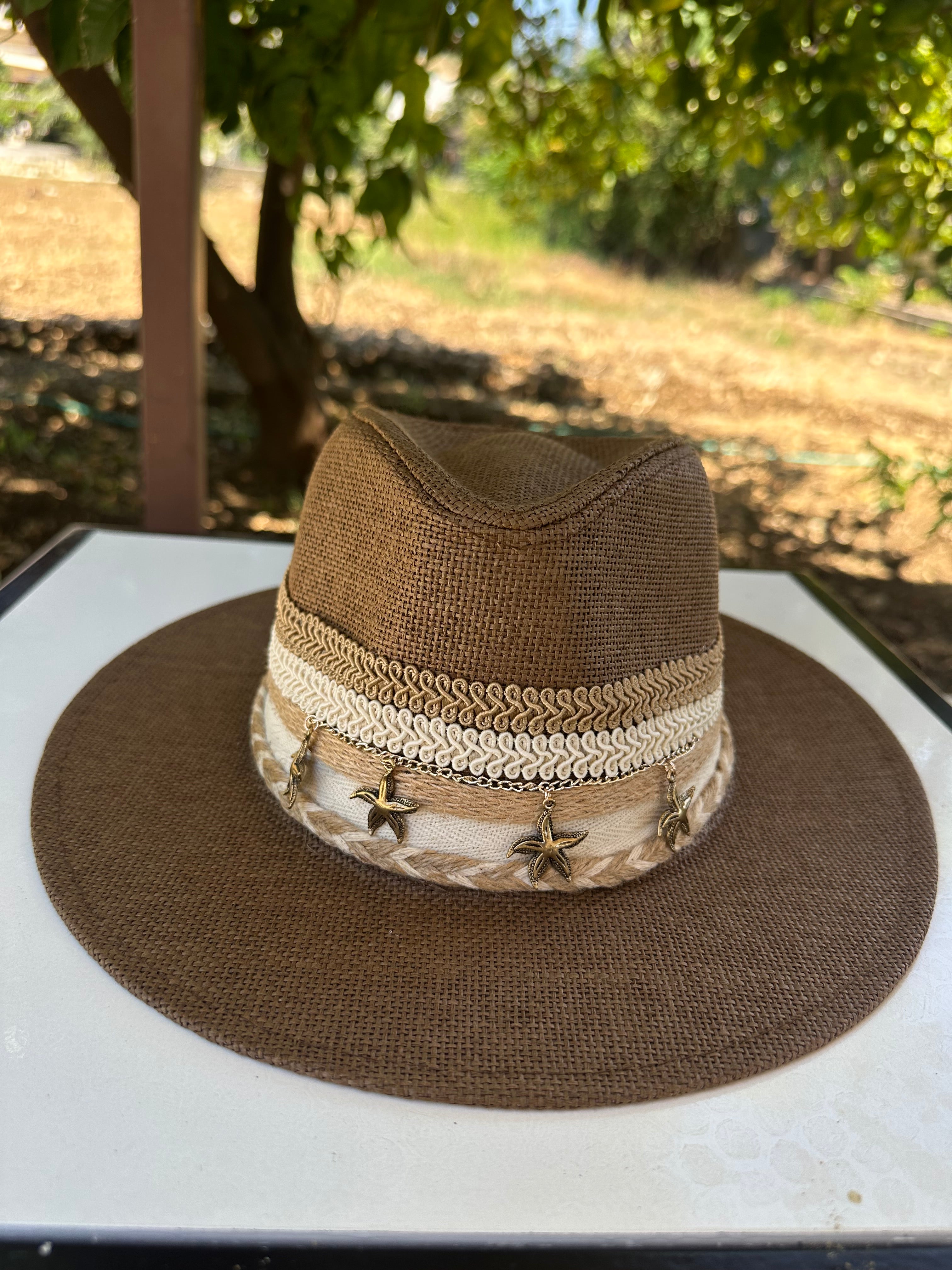 By Rita Raphael Brown Starfish Charm Straw Hat