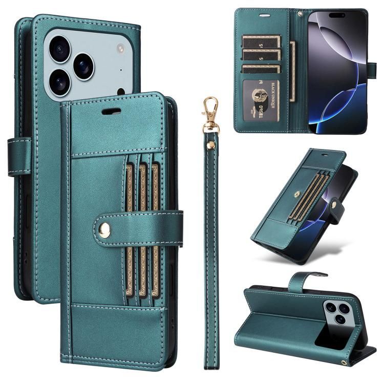 For iPhone 18 Pro Max / iPhone 17 Pro Max Six Card Slots Buckle Leather Phone Case with Lanyard