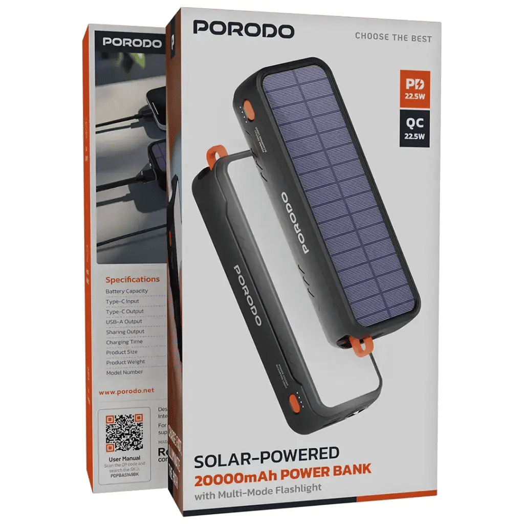 Porodo Solar-Powered 20000mAh Power Bank with Dual USB, LED Flashlight & Outdoor Design, Black