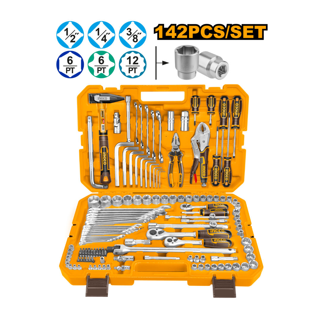 INGCO 142-Piece Combination Mechanics Tool Set, 1/2″, 3/8″ & 1/4″ Drive Sockets, Spanners, Screwdrivers, Hammer & Pliers in BMC Case