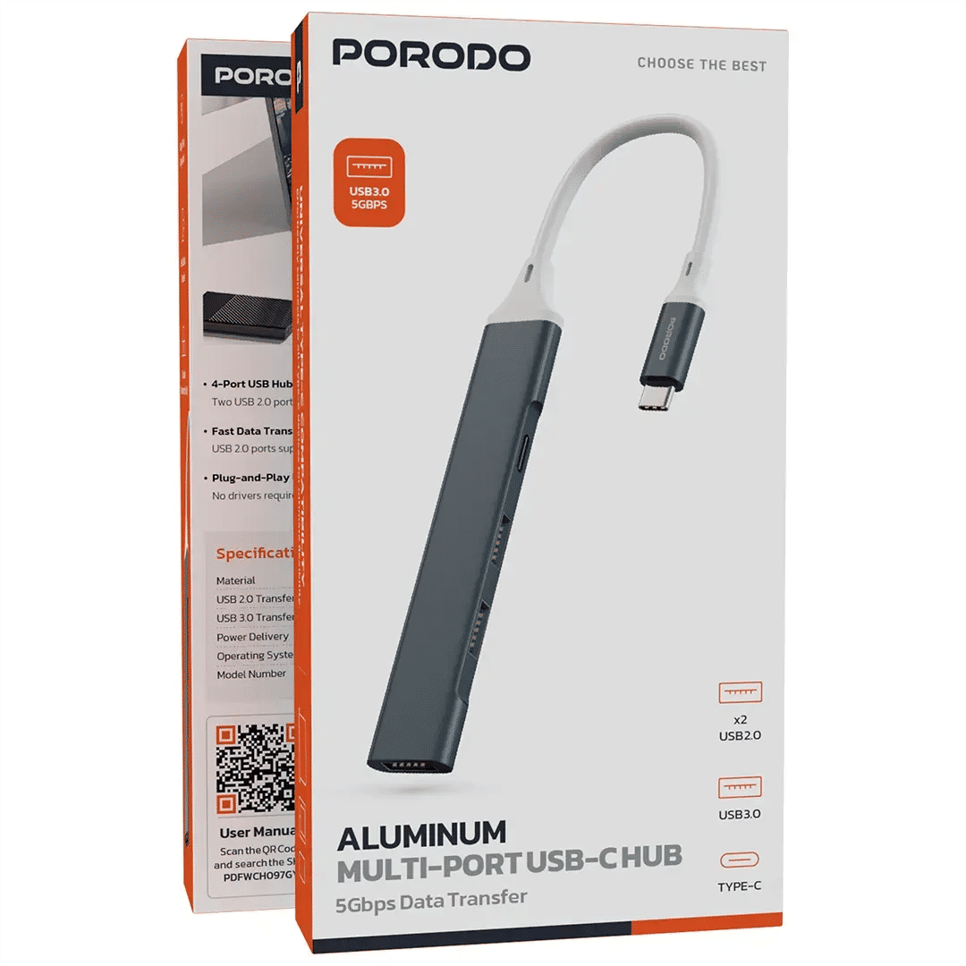 Porodo Aluminum Multi-Port USB-C Hub, 5Gbps Data Transfer, USB 3.0 & USB 2.0, Gray