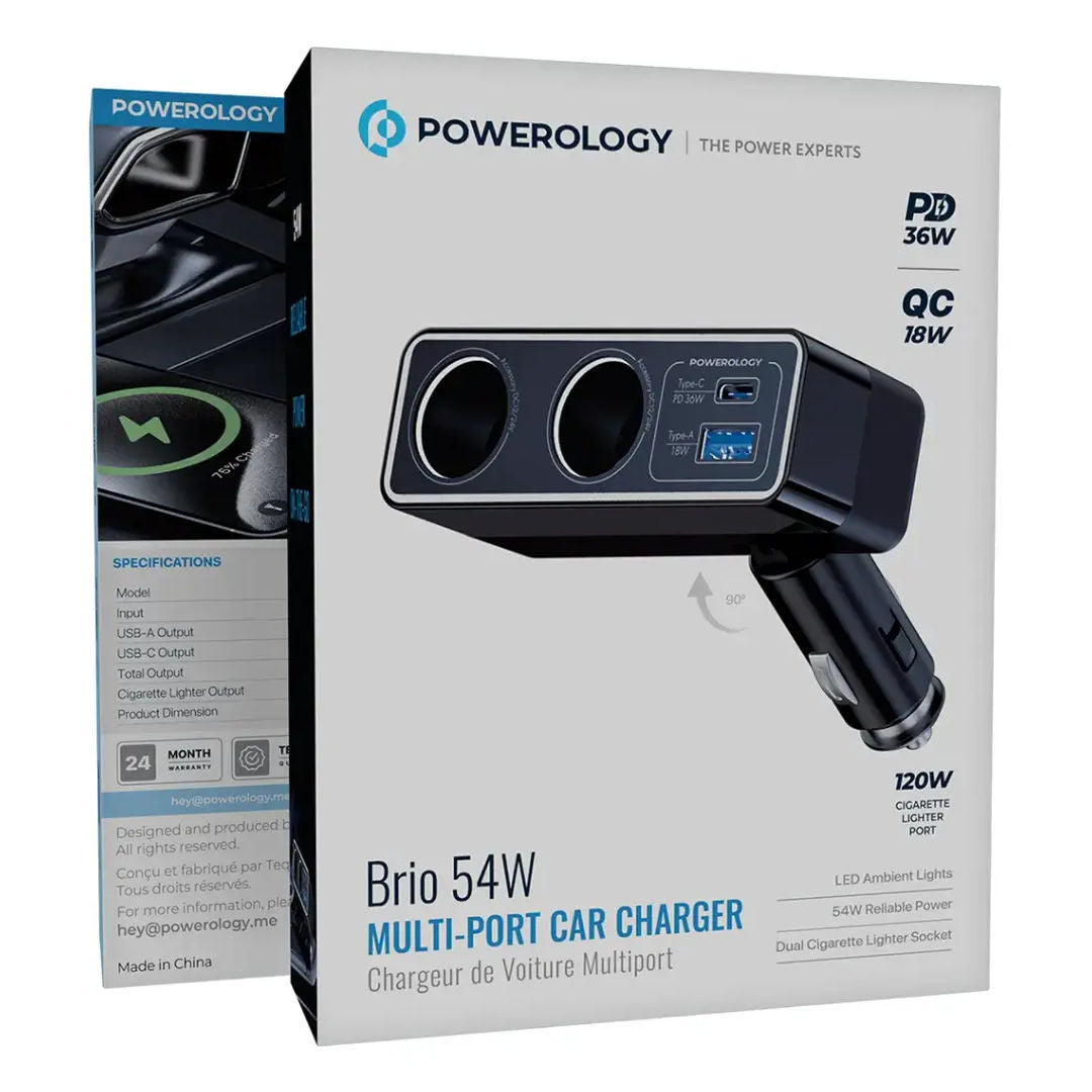 Powerology Brio 54W Multi-Port Car Charger, Black