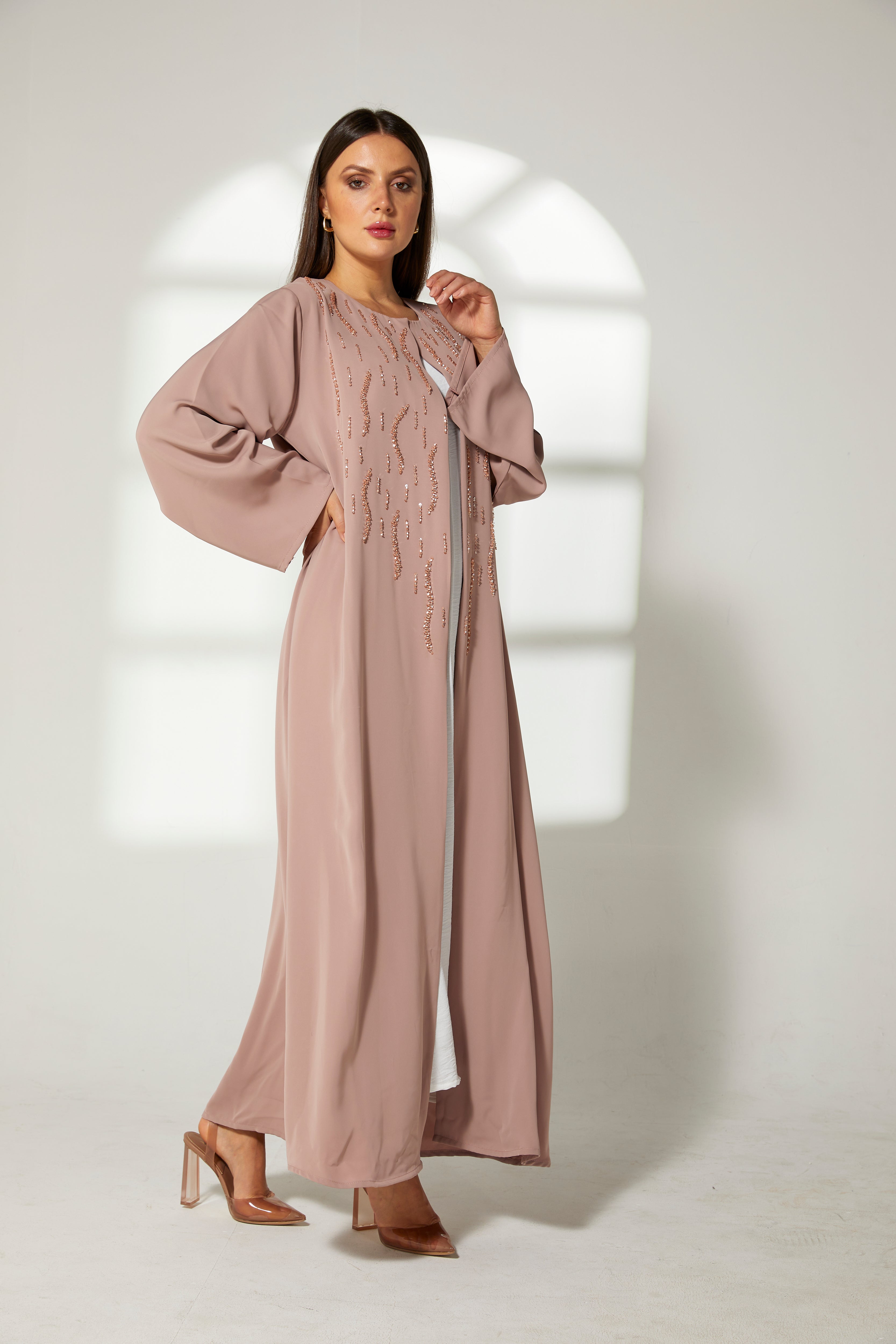 MOiSTREET Tan Korean Nida Front Embroidered Abaya