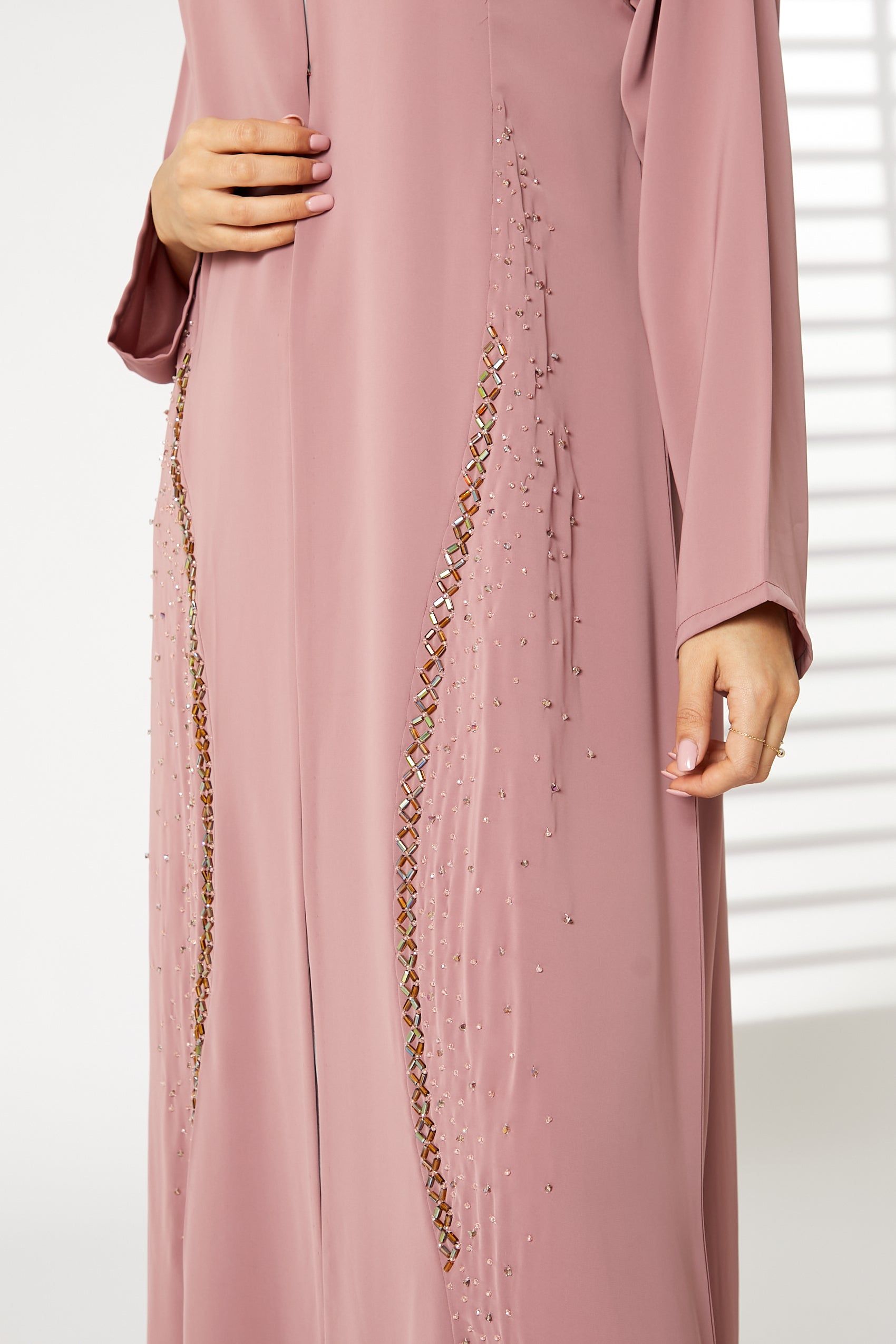 MOiSTREET Pink Nida Embroidered Open Abaya
