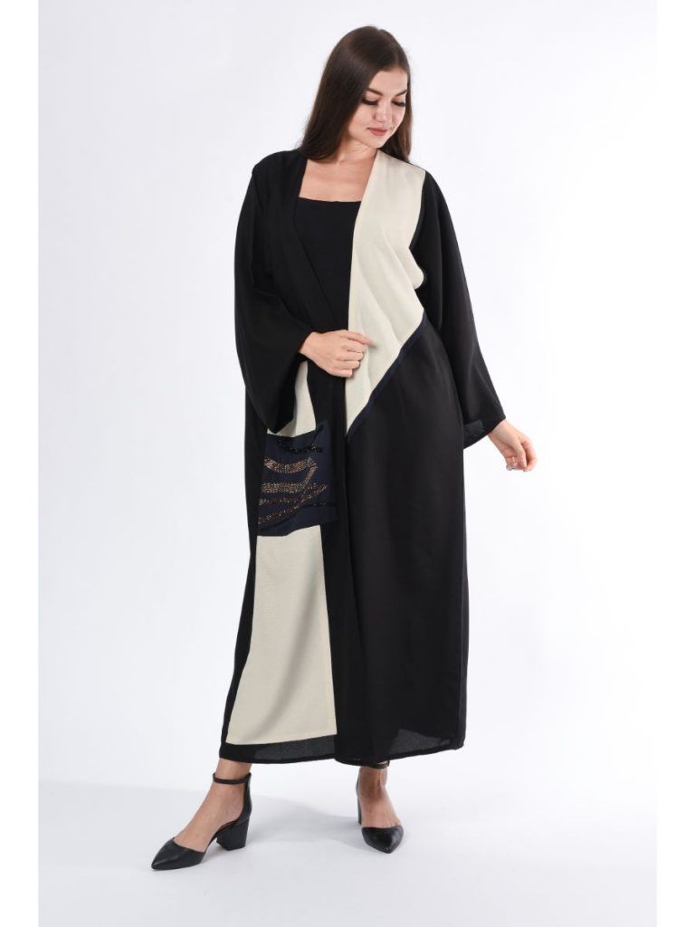 MOiSTREET Black Abaya with Contrast Panel and hand embroidery