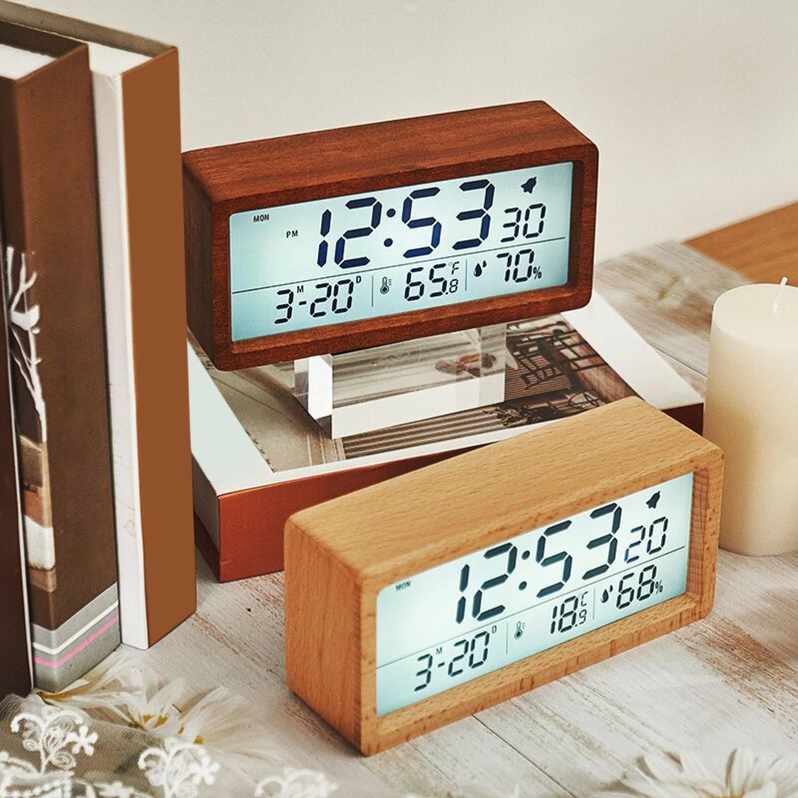 Wood Alarm Clock Humidity Temperature Portable Snooze Bedside Kids Room Table Clocks