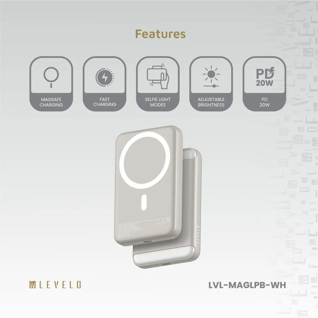 Levelo MagLight Portable Power Bank 8000mAh, Rear & Selfie Fill Light