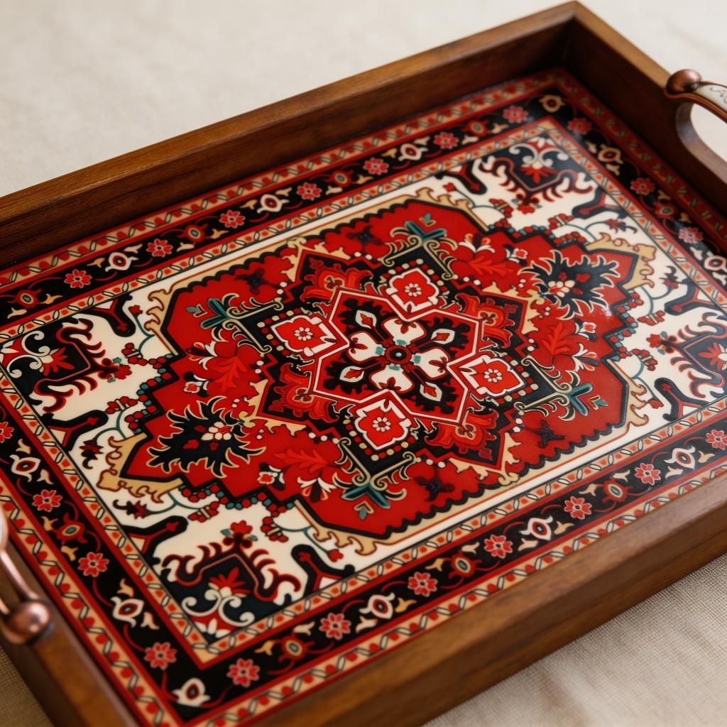 Persian Rug Style Wooden Serving Tray with Handles – Oriental Moroccan Pattern Coffee Table Decor, Boho Tea Serving Tray