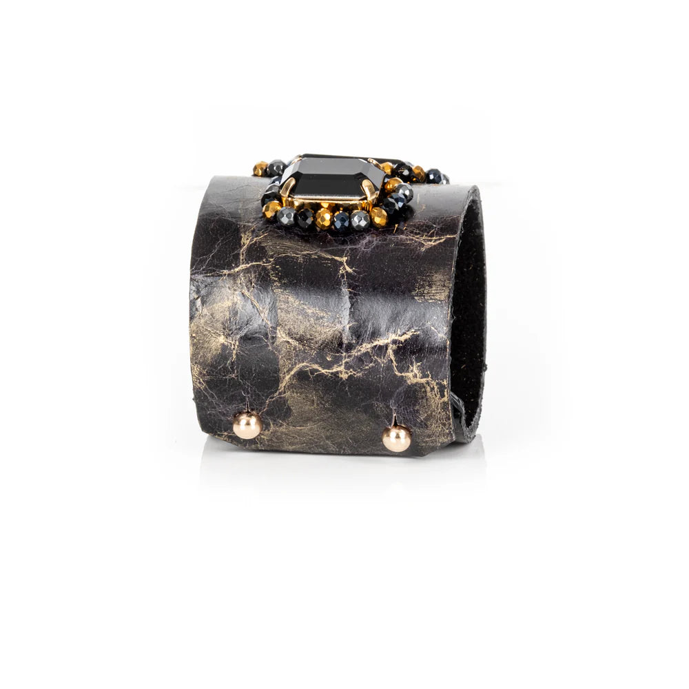 The Dark Black Crystal Embellished Leather Statement Cuff Bracelet