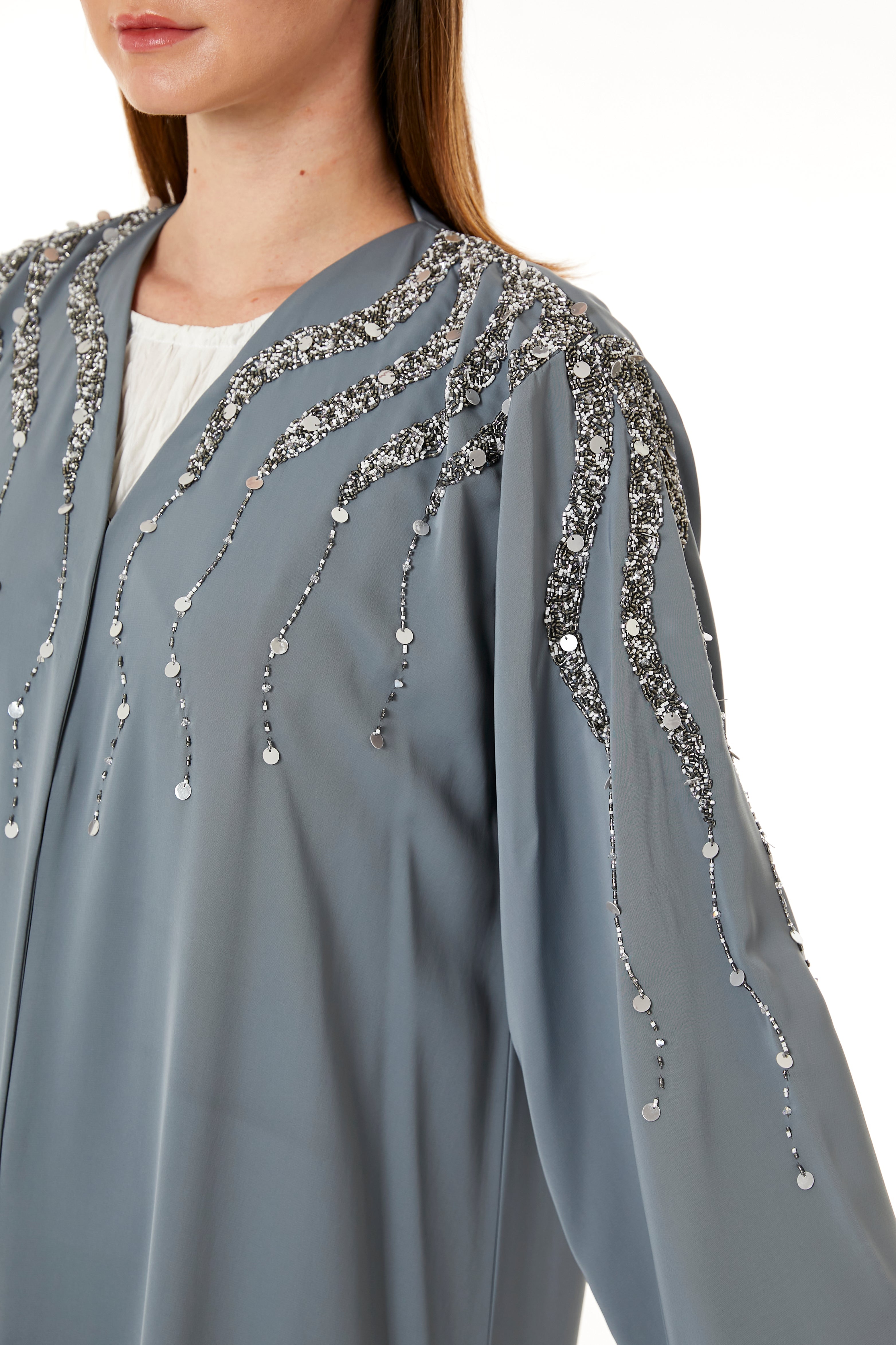Grey Korean Nida Hand Embellished Abaya