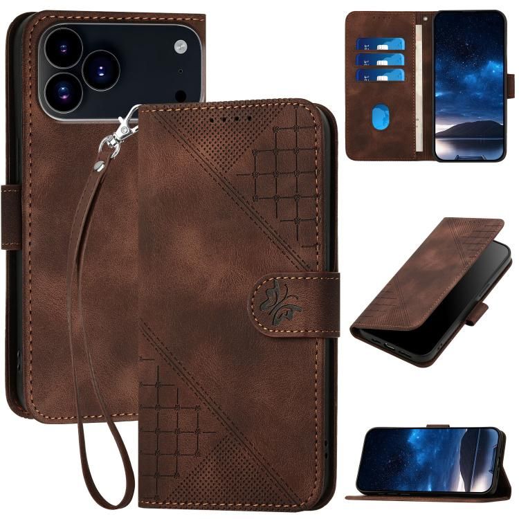 For iPhone 18 Pro Max / iPhone 17 Pro Max YX0080 Grid Butterfly Embossed Pattern Flip Leather Phone Case with Lanyard