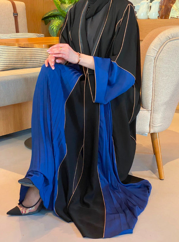 MOiSTREET Black & Blue Nida Abaya with Piping Detailing