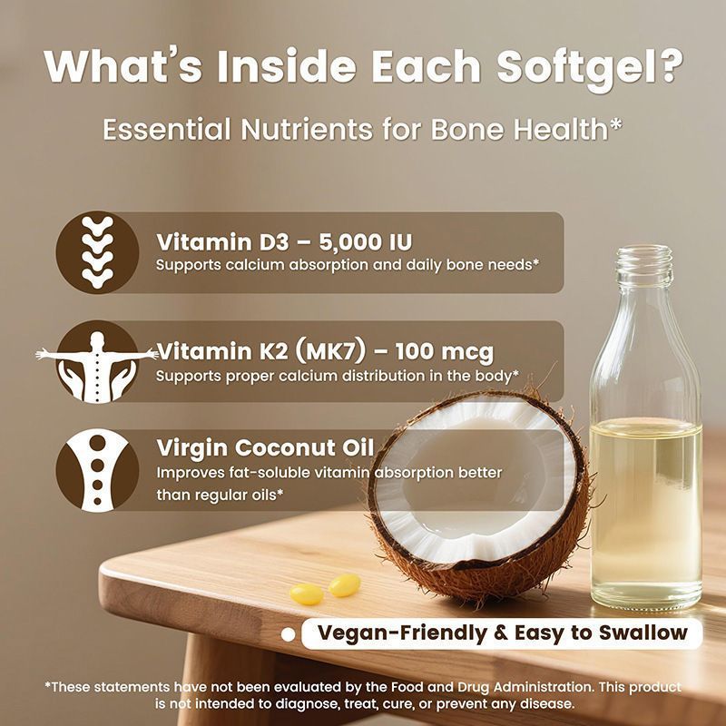 Vitamin D3 K2 Softgels with Coconut Oil, 5000 IU D3 + 100mcg MK-7 K2, Daily Dietary Supplement, 300 Mini Softgels