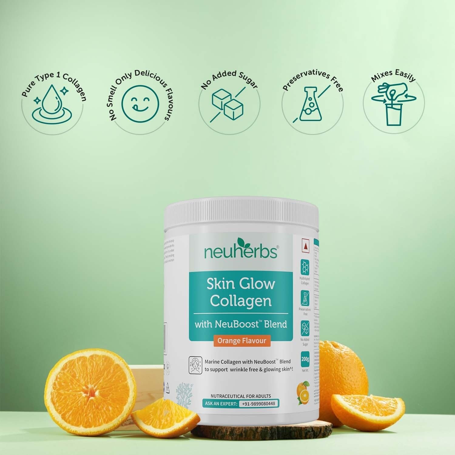 Neuherbs Skin Glow Marine Collagen Powder Supplement For Men & Women - 200g (Orange Flavour)