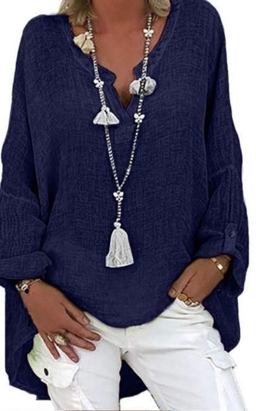 Women's V-Neck Solid Color Slub Linen Shirt Dress