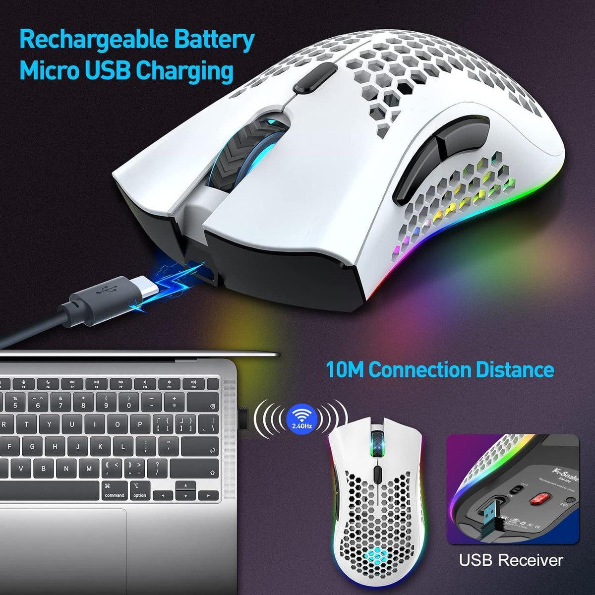 Wireless Gaming Mouse Honeycomb Design Rechargeable RGB Backlight Computer Mouse