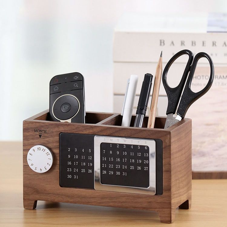Solid Wood Calendar Pen Holder Multifunction Desktop Office Organizer Storage Bucket