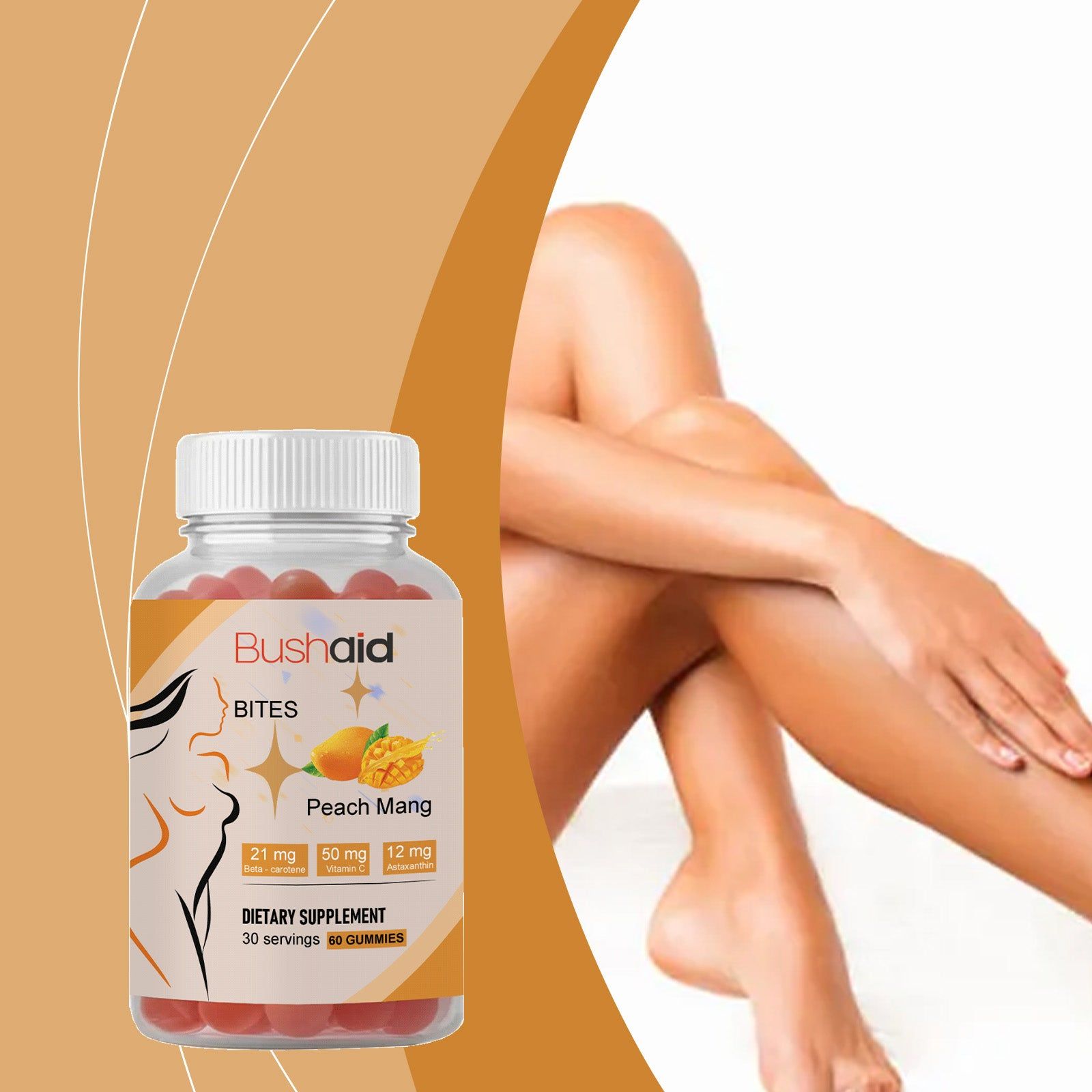 BushAid Tanning Gummy Candies, Body Care, Skin Glow, Soft Texture, Easy to Use ,60pcs