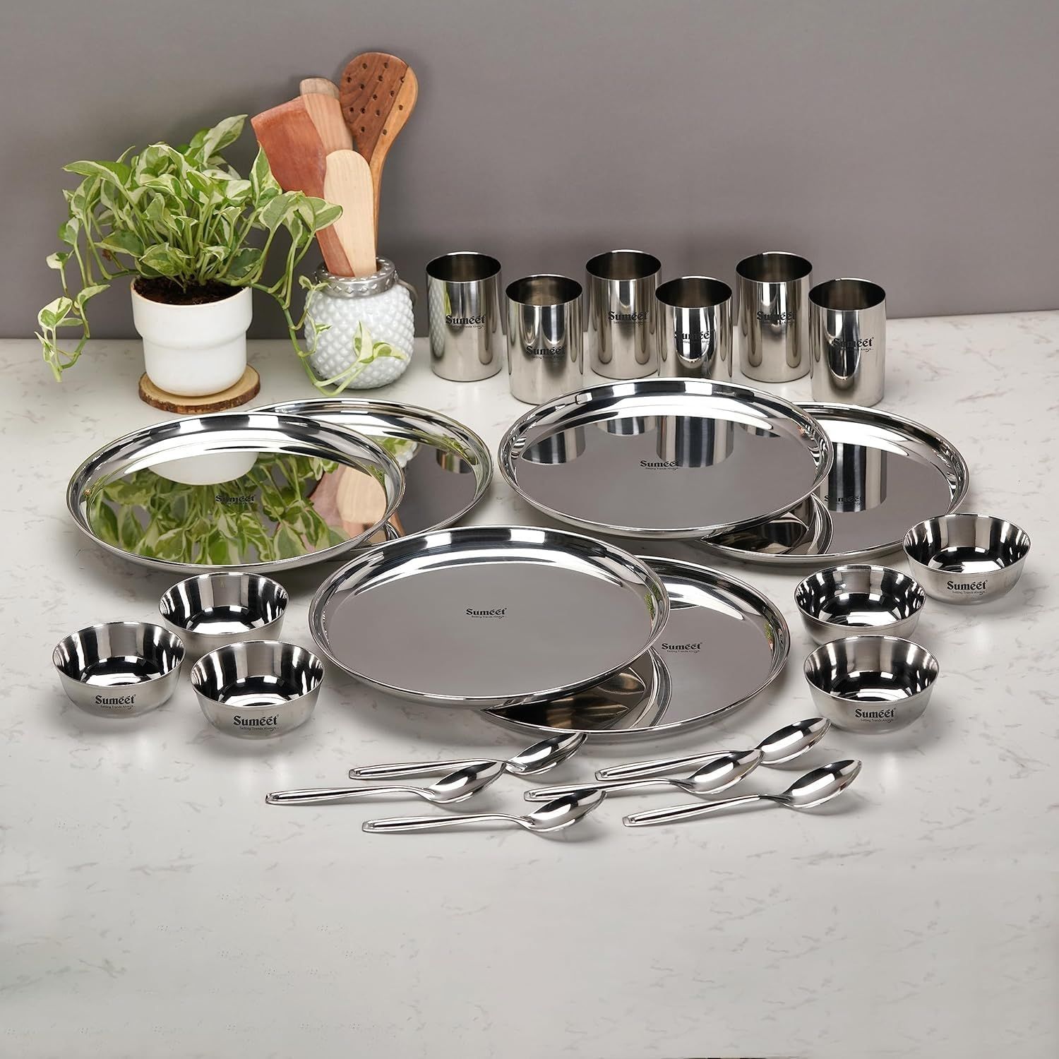Stainless Steel 24 Pc Dinner Set Plates Bowls Glasses Spoons