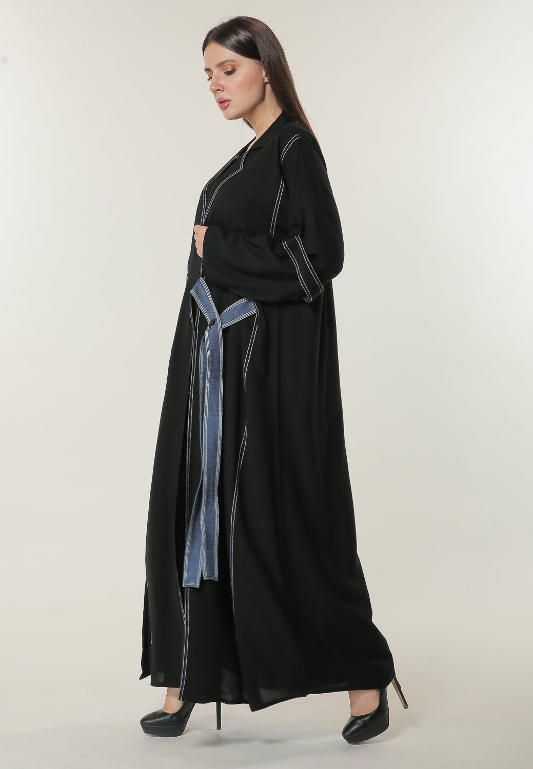 MOiSTREET Black Casual Abaya with Denim Pocket and Belt Detailing
